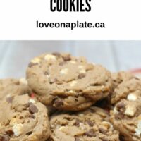 Milk Chocolate Cookies with mini marshmallows, chocolate chip cookies piled up on a red checked tea towel